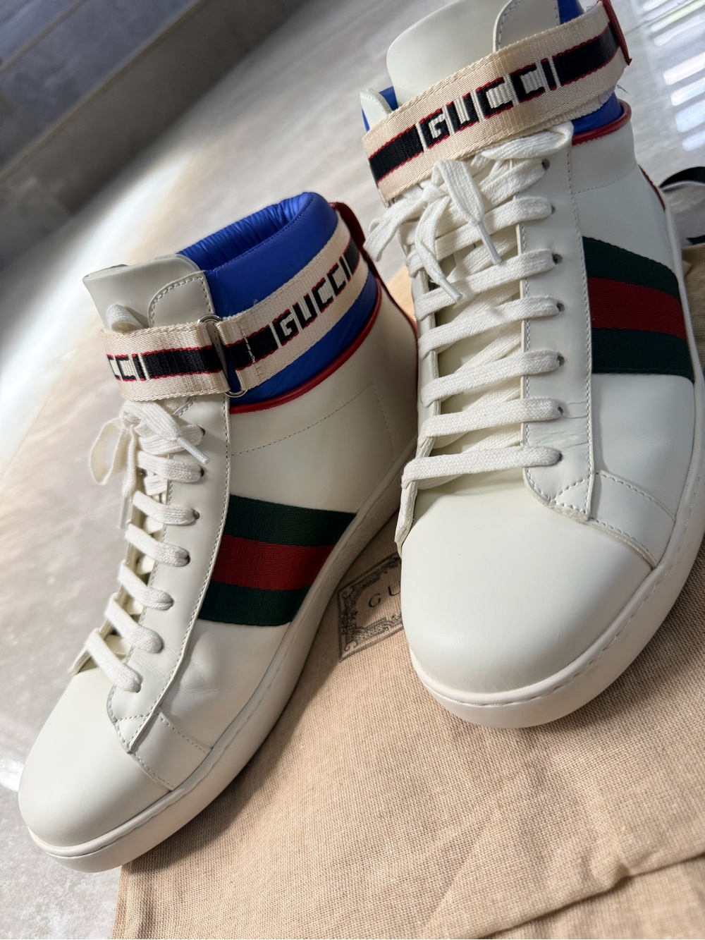 Gucci White High-Top Leather Sneakers with Green and Red Web Stripe